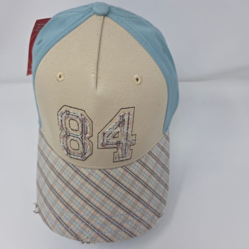 HYP Baseball Hat One Size Distressed 84 Patch Plaid Brim A-Flex Blue Tan Y2K